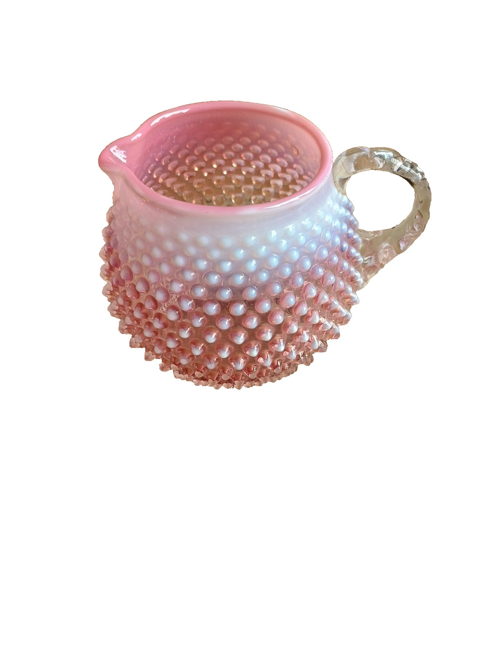 Vtg Fenton Glass Opalescent Hobnail Squat Pitcher w handle Cranberry Pink Fancy!